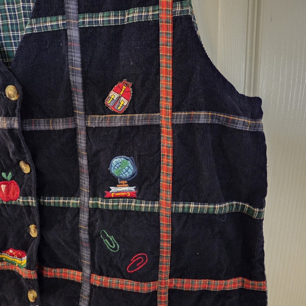 Casey & Max sz L teacher vest corduroy button up plaid embroidery patches - Picture 4 of 8